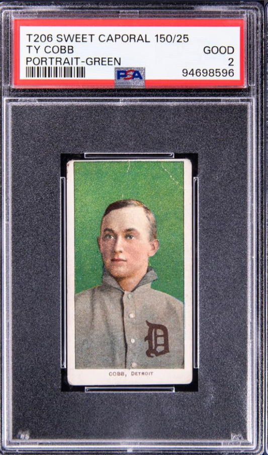 1909-11 T206 Sweet Caporal 150/25 Ty Cobb Green Portrait PSA 2