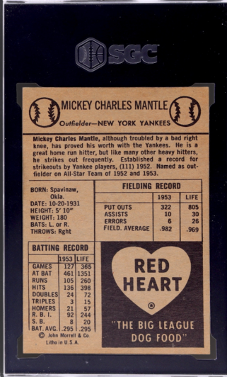 1954 Red Heart Mickey Mantle #18 SGC 9